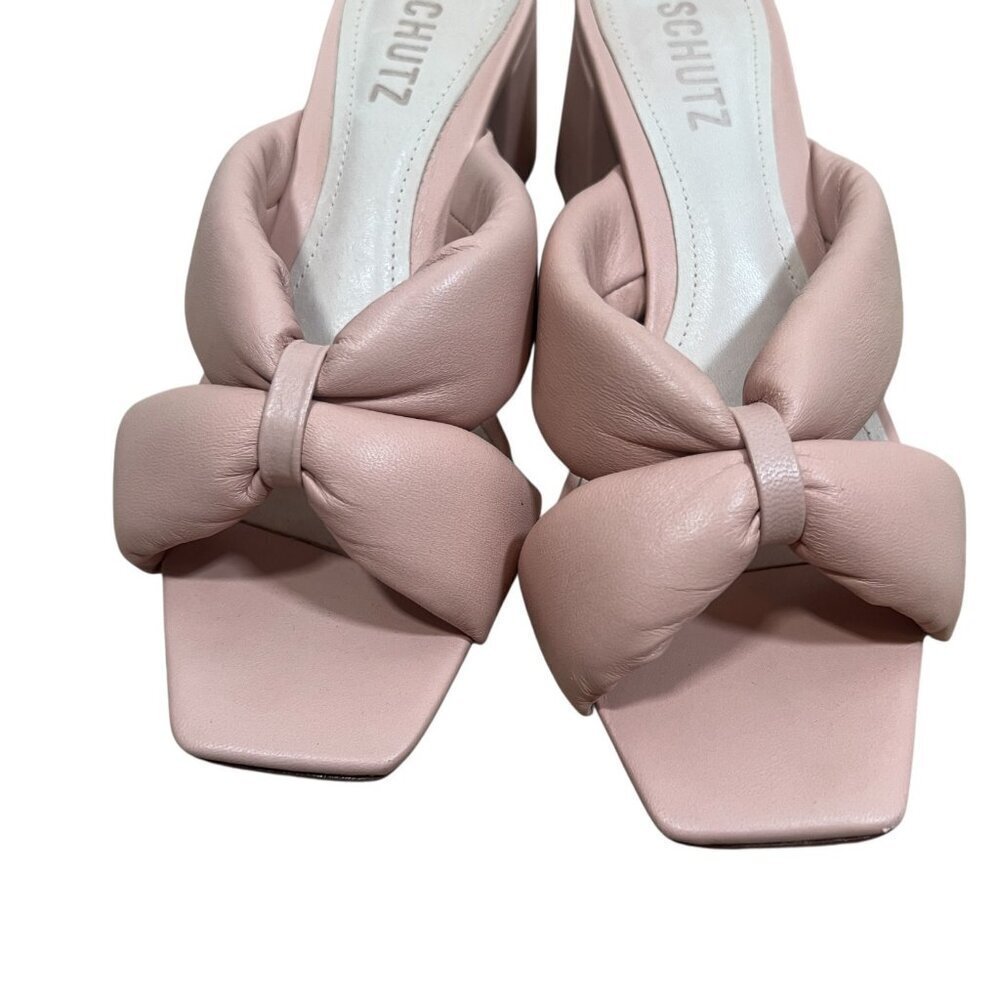 Schutz Fairy Puffy Mule High Heel Leather Sandal Size 6.5 B Pink Open Toe - Picture 3 of 8